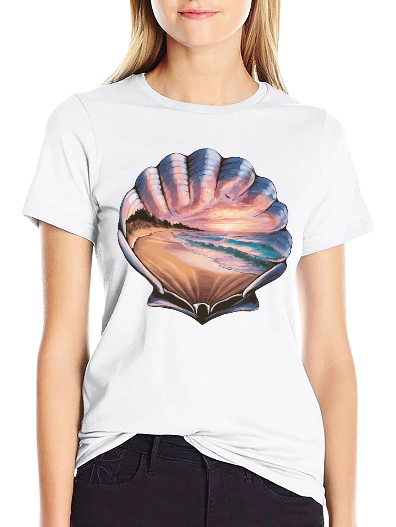Seashell Beach Scene Graphic T-Shirt