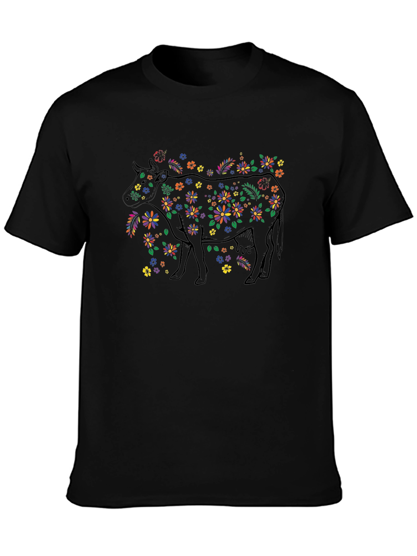 Floral Cow Graphic Black T-Shirt