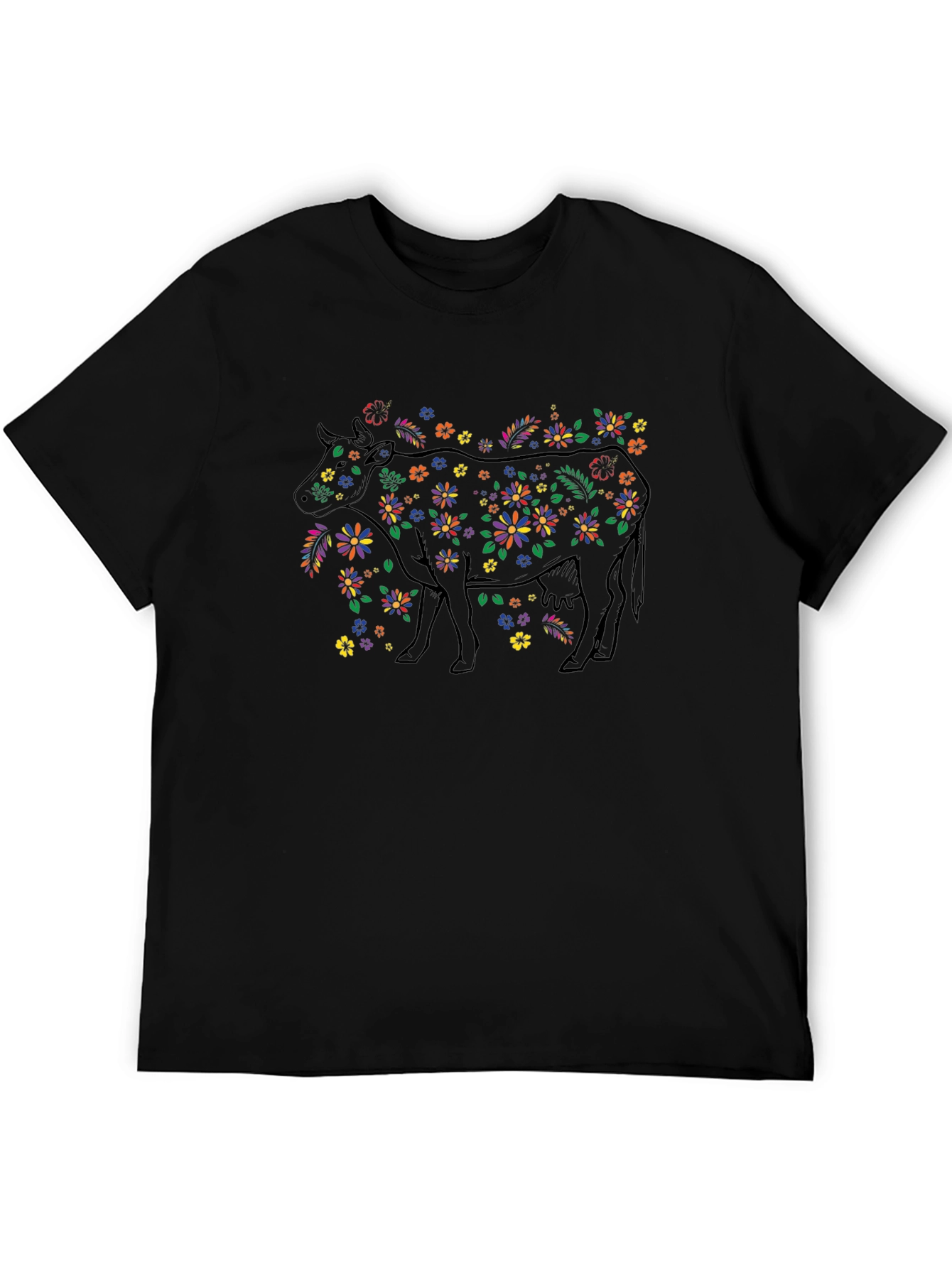 Floral Cow Graphic Black T-Shirt