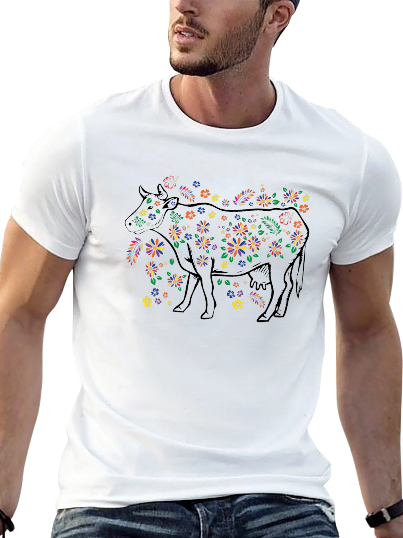 Floral Cow Graphic Black T-Shirt