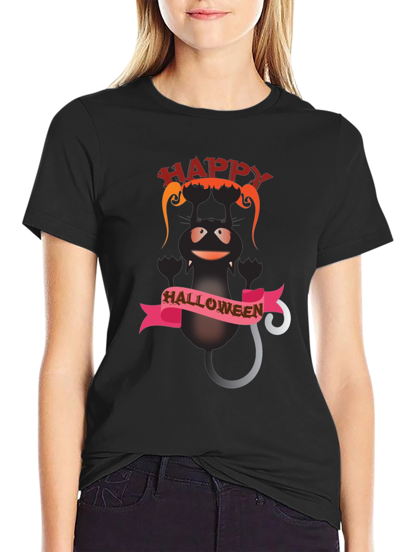 Happy Halloween Black Cat Graphic T-Shirt
