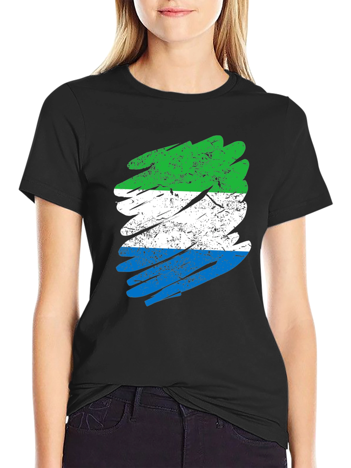Sierra Leone Flag Brush Stroke Black T-Shirt