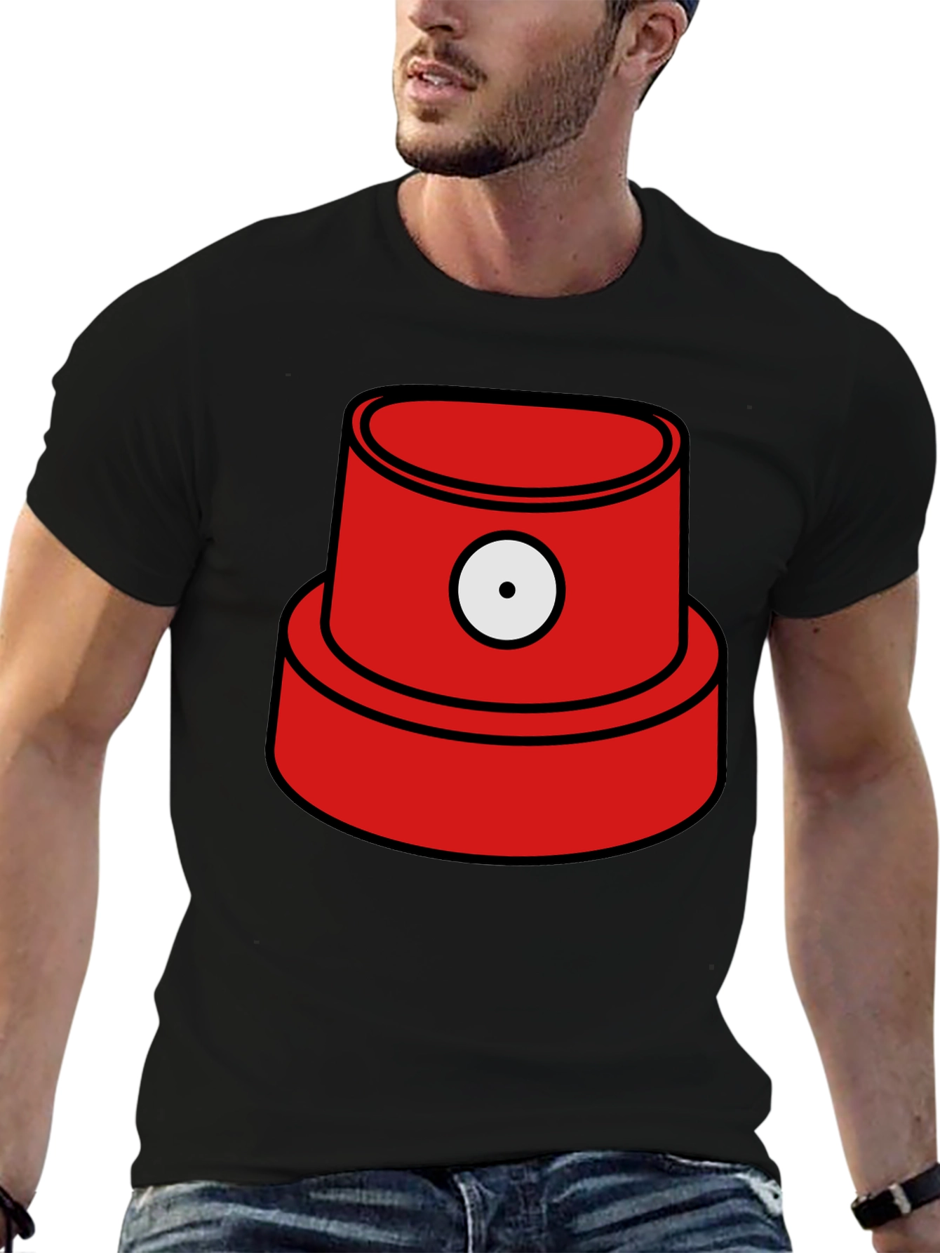 Red Spray Paint Cap Graphic Black T-Shirt