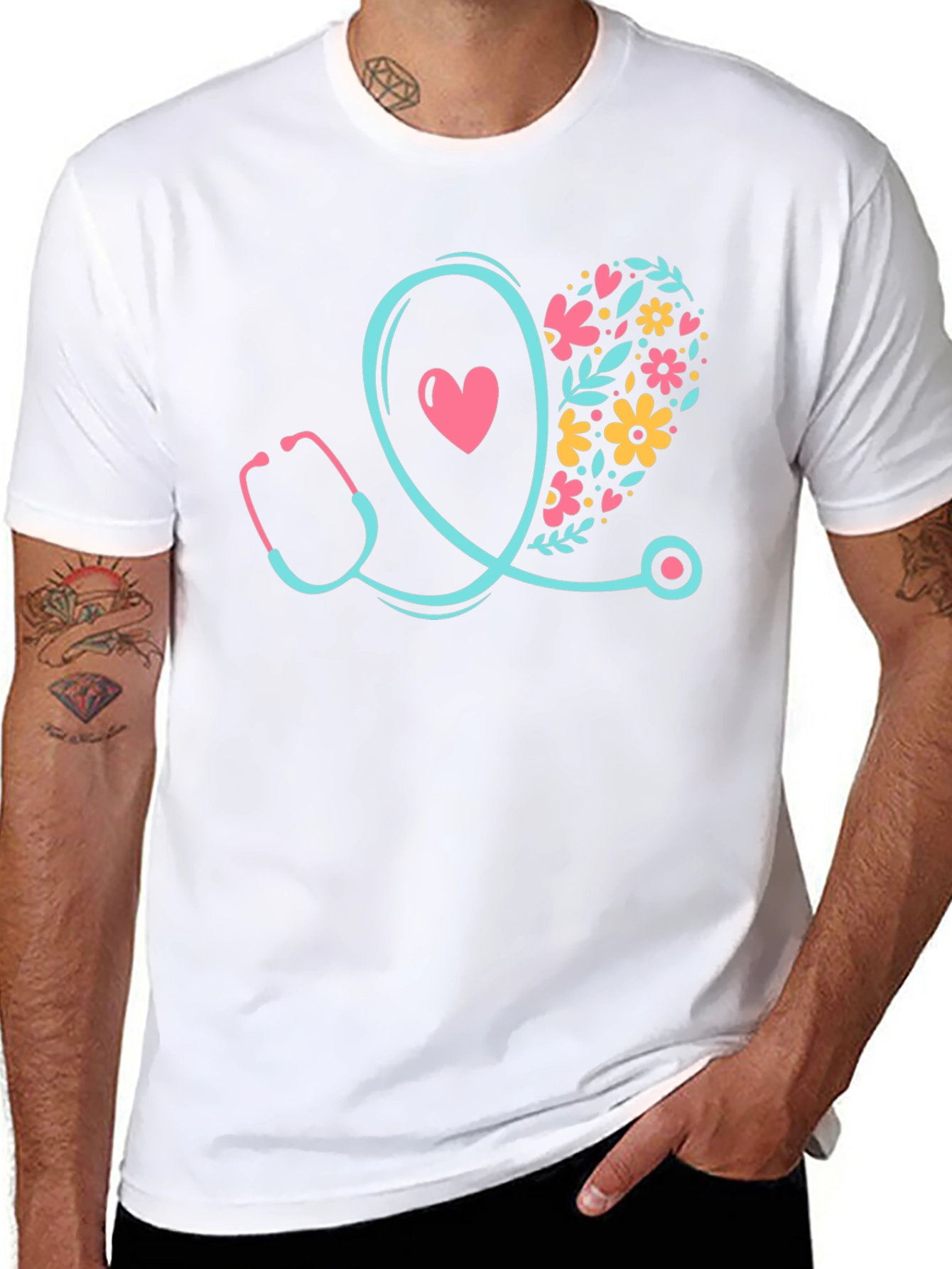 Nurse Stethoscope Heart Floral Design T-Shirt