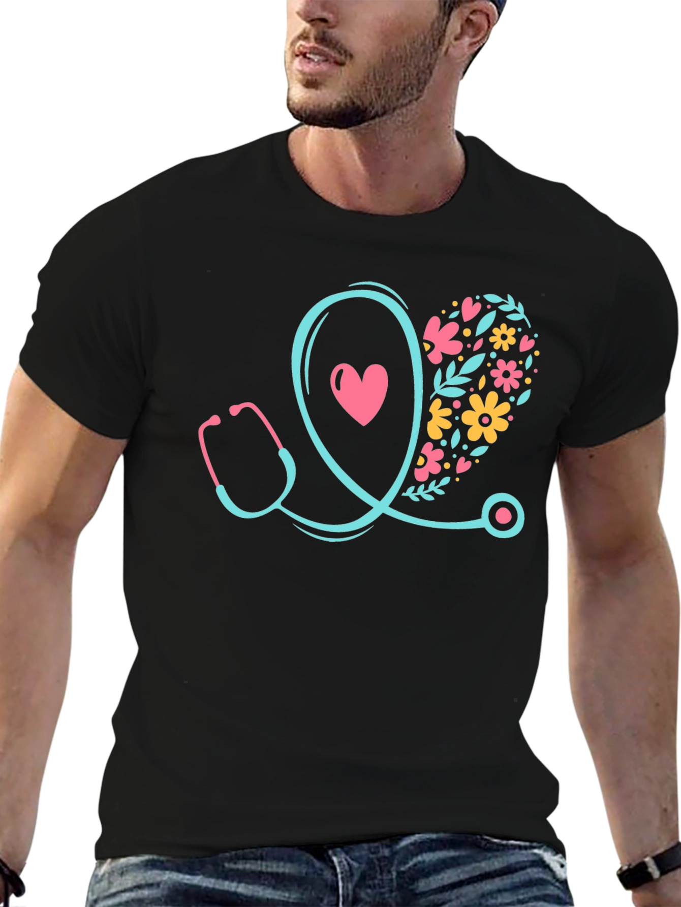 Nurse Stethoscope Heart Floral Design T-Shirt