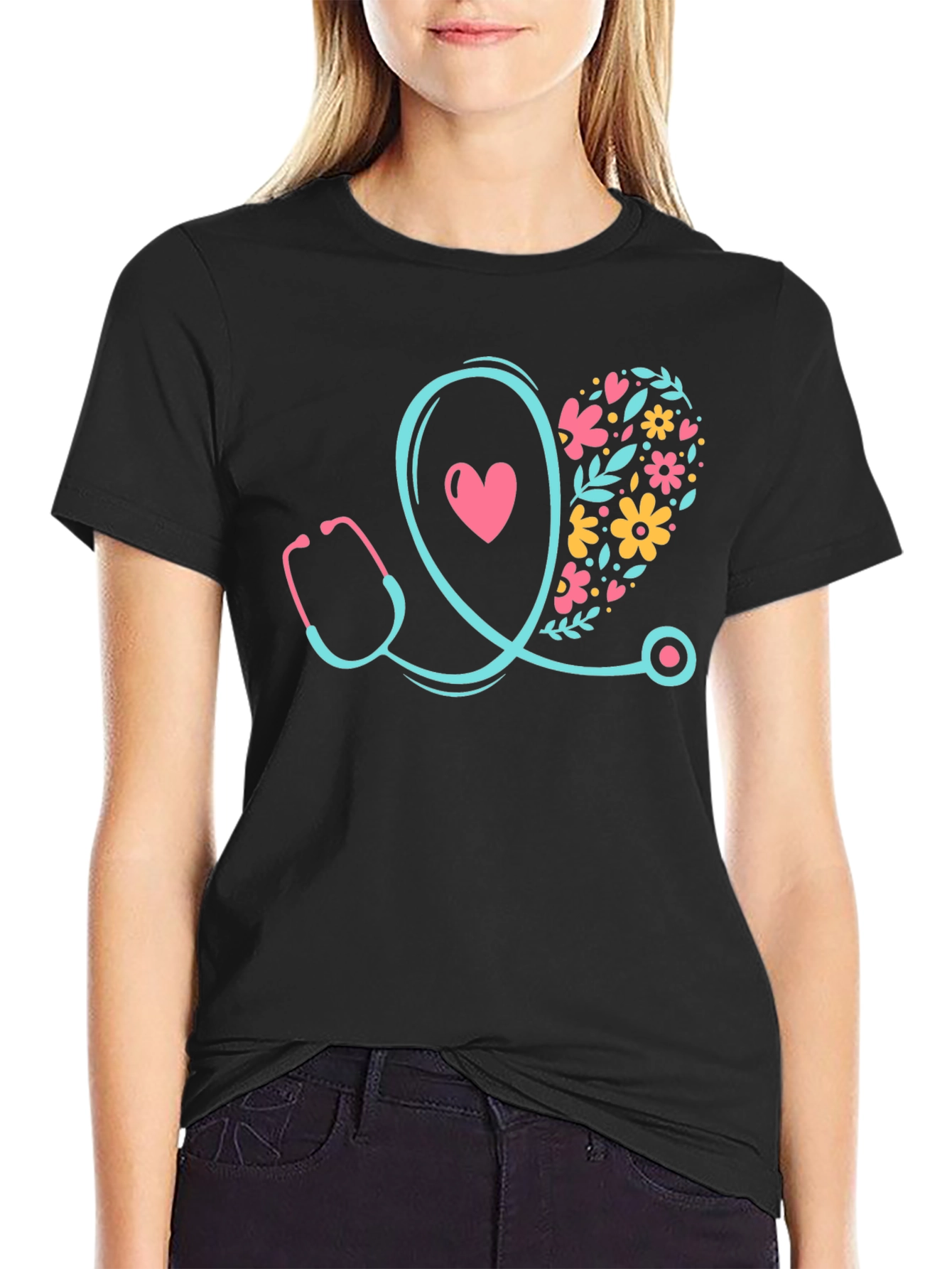 Nurse Stethoscope Heart Floral Design T-Shirt