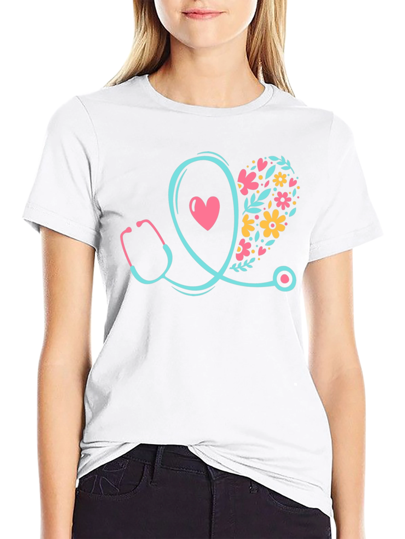 Nurse Stethoscope Heart Floral Design T-Shirt