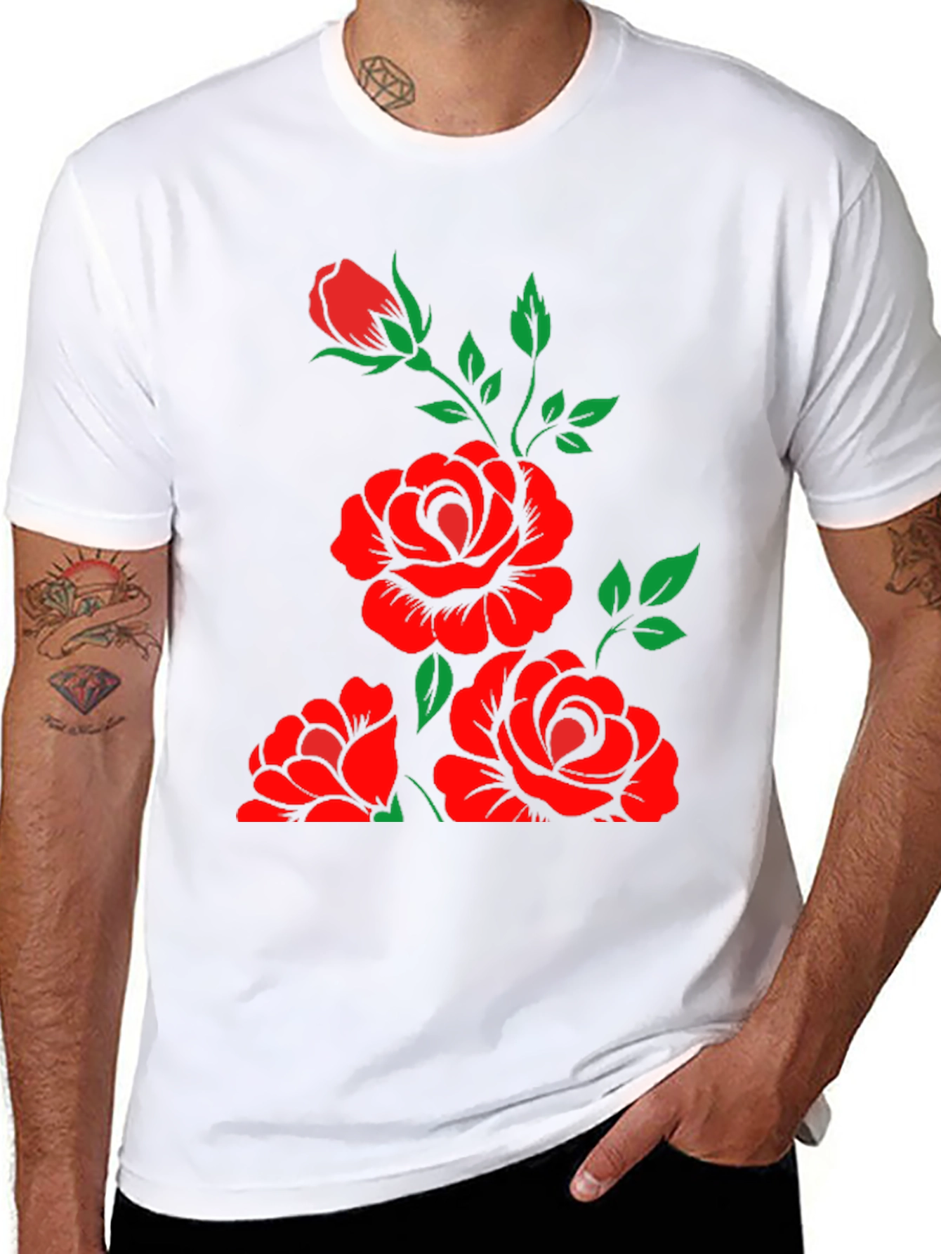 Black T-Shirt with Floral Rose Design
