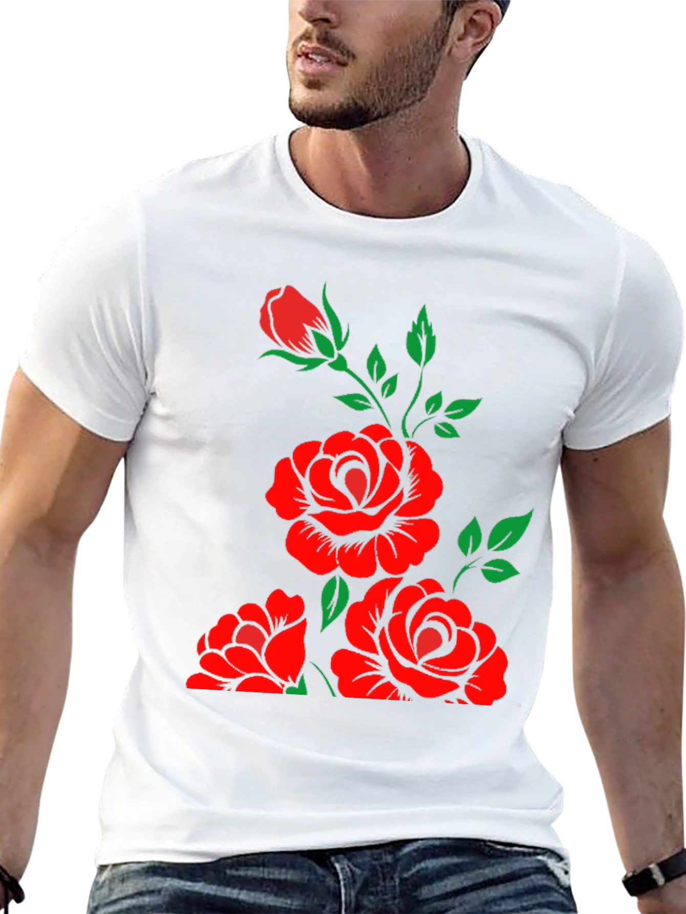 Black T-Shirt with Floral Rose Design