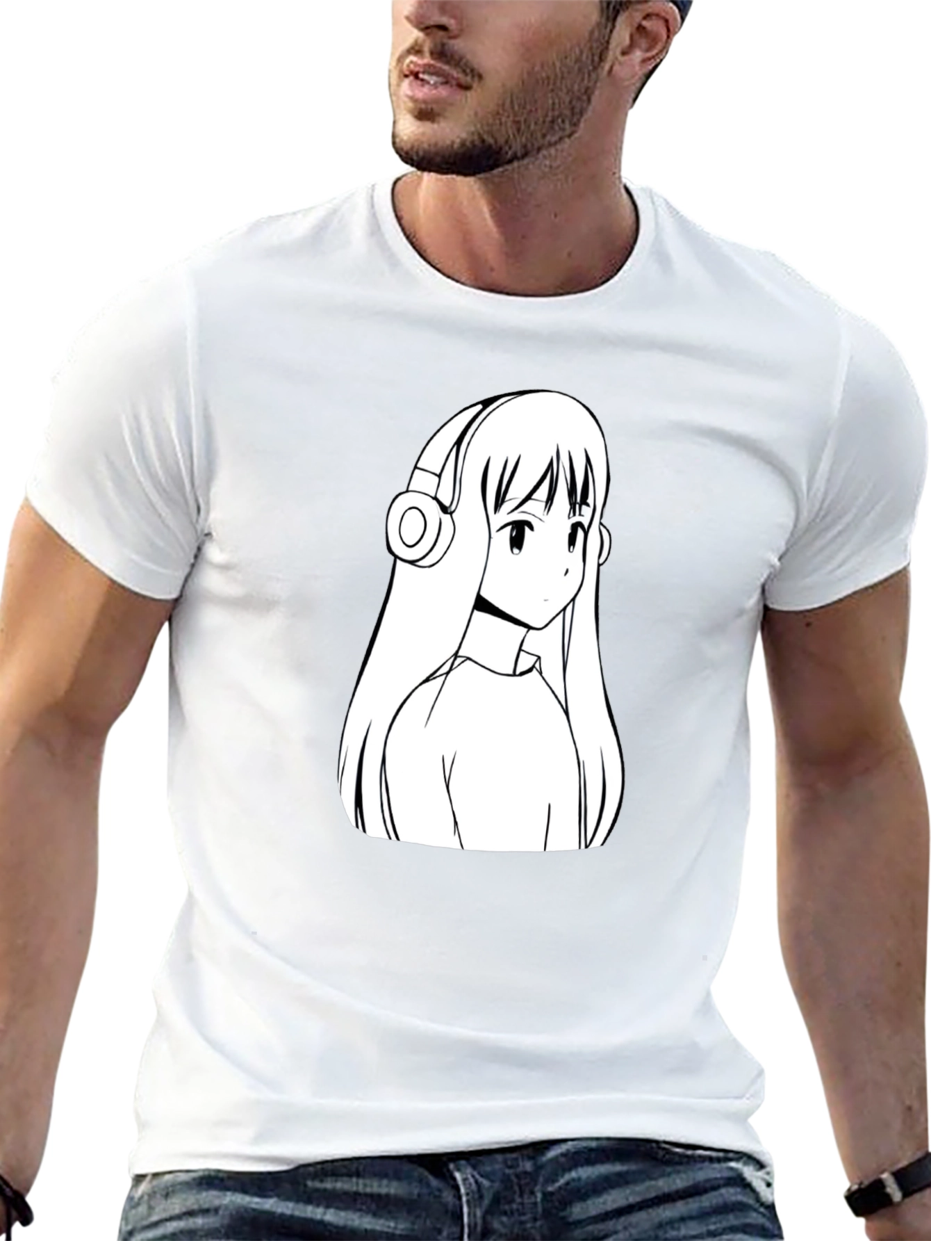 Anime Girl Headphones Graphic Black T-Shirt