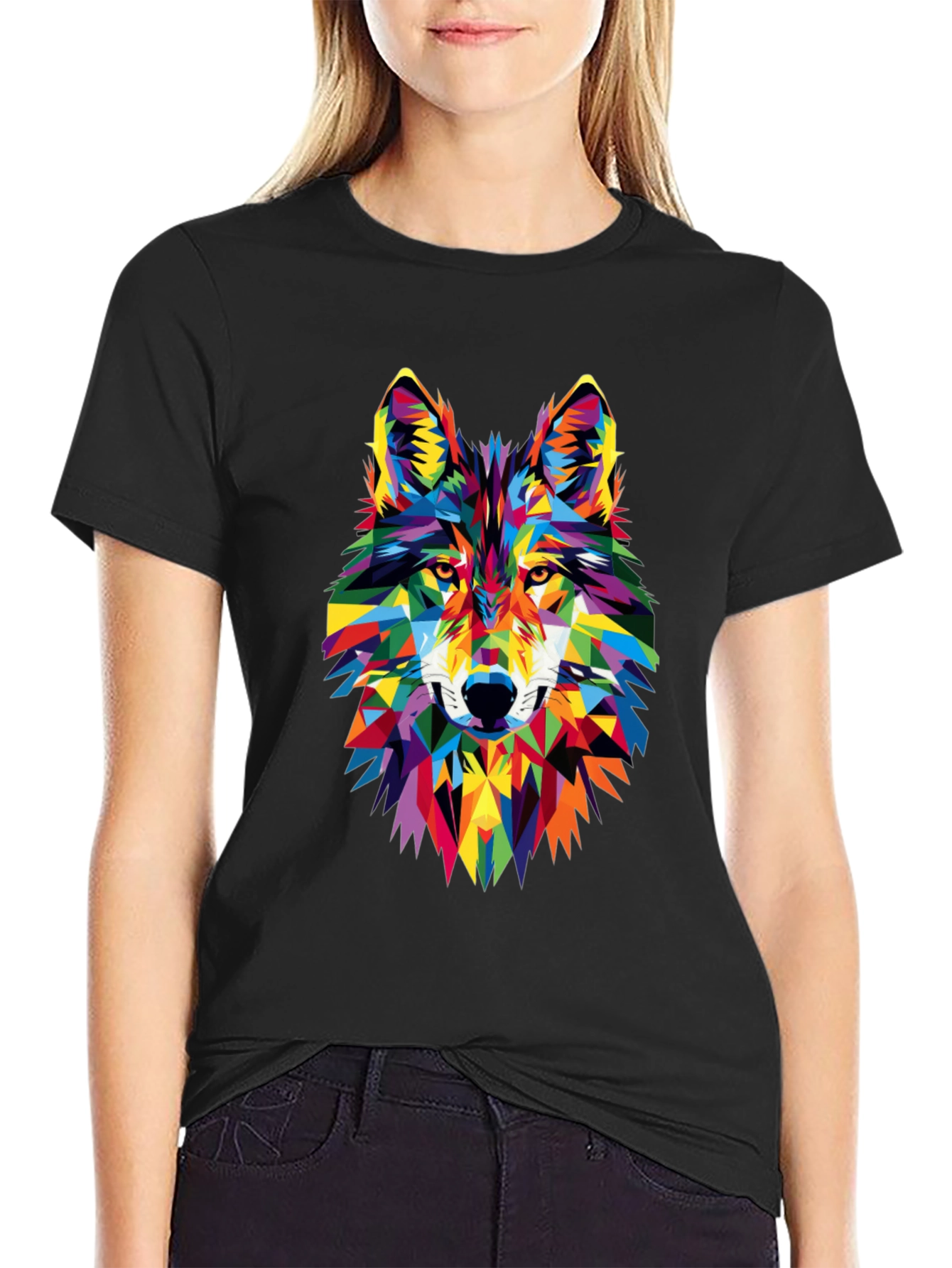 Geometric Wolf Graphic Tee - Vibrant Animal Print