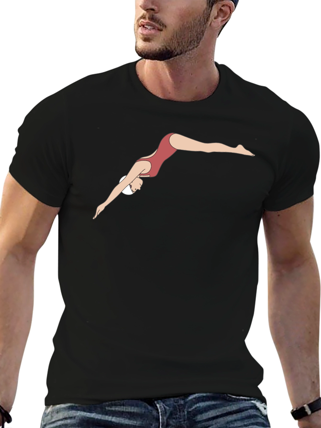 Diving Woman Graphic Tee - Black Cotton T-Shirt