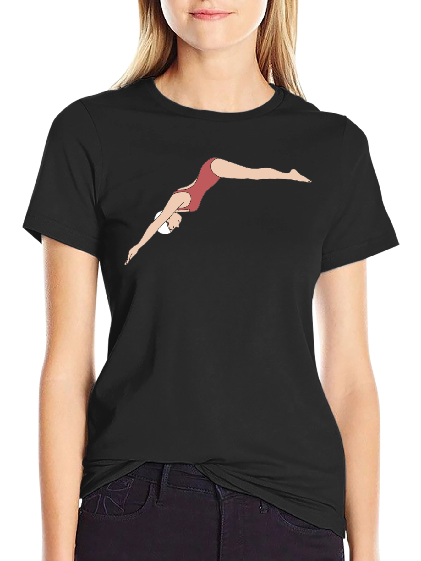 Diving Woman Graphic Tee - Black Cotton T-Shirt