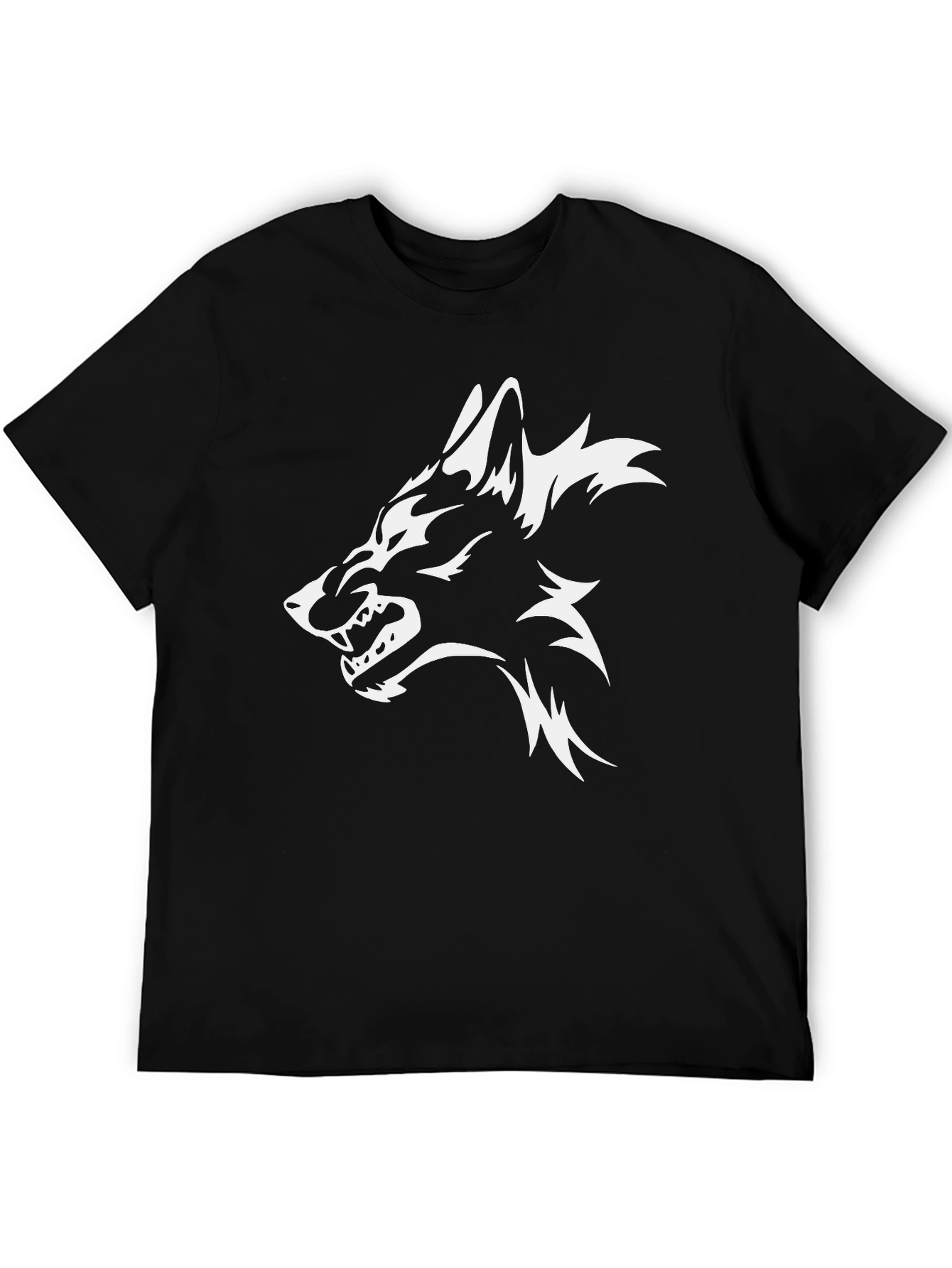 Mens Black T-Shirt with White Wolf Graphic