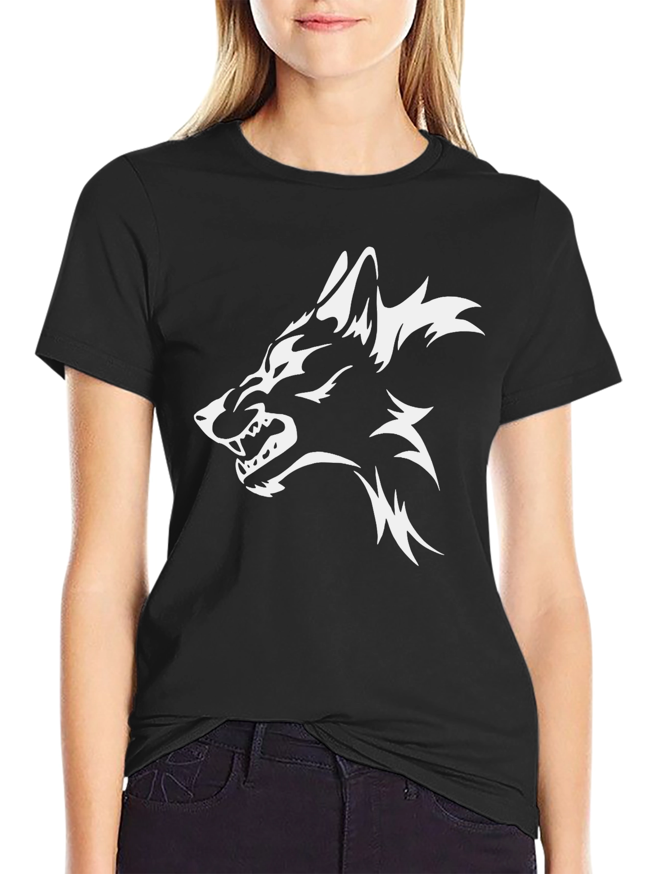 Mens Black T-Shirt with White Wolf Graphic