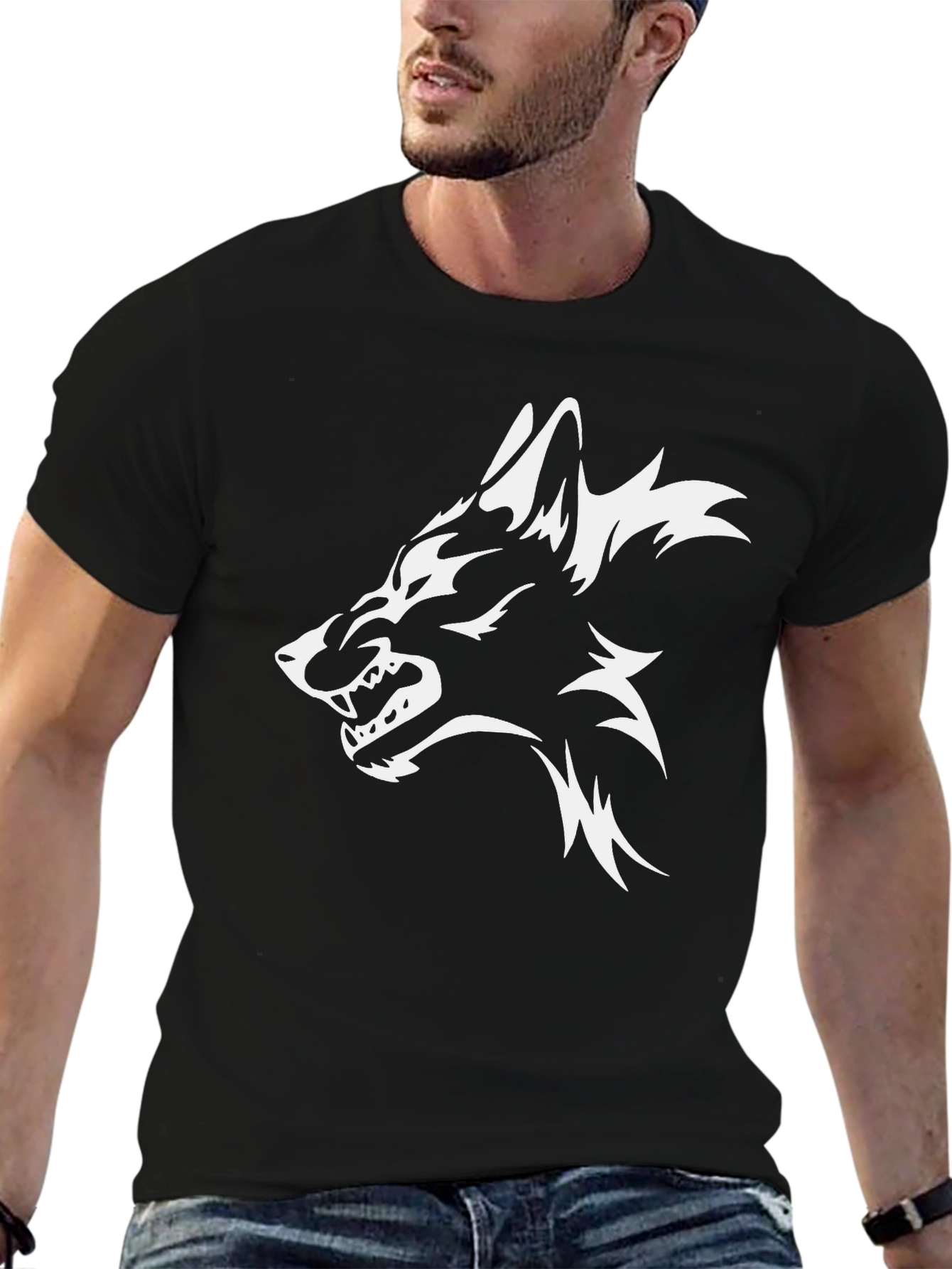 Mens Black T-Shirt with White Wolf Graphic