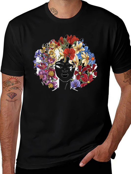 Floral Afro Woman Graphic Tee - Black Cotton T-Shirt
