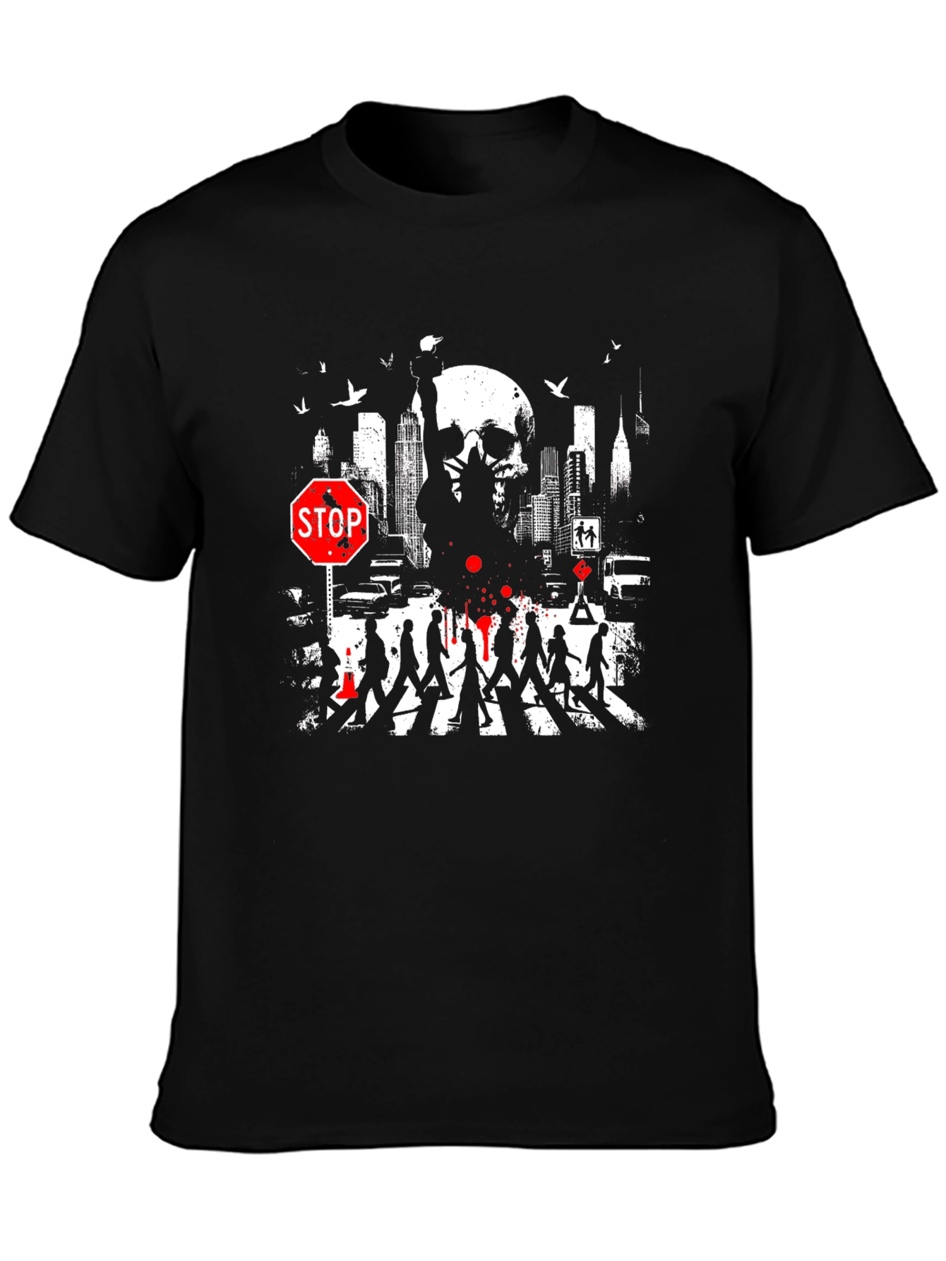 Urban Nightmare Graphic T-Shirt - Skull Cityscape Stop Sign