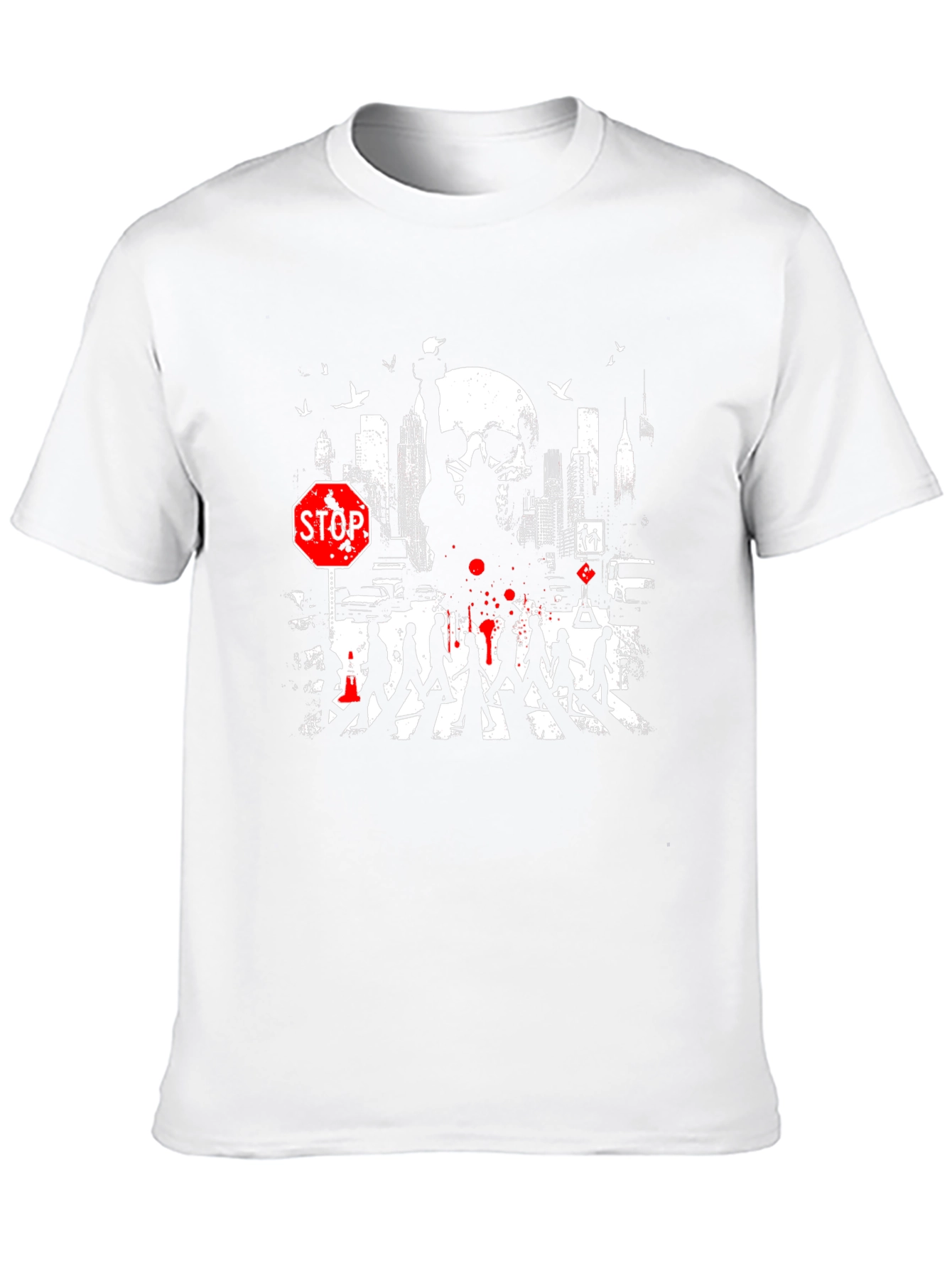 Urban Nightmare Graphic T-Shirt - Skull Cityscape Stop Sign