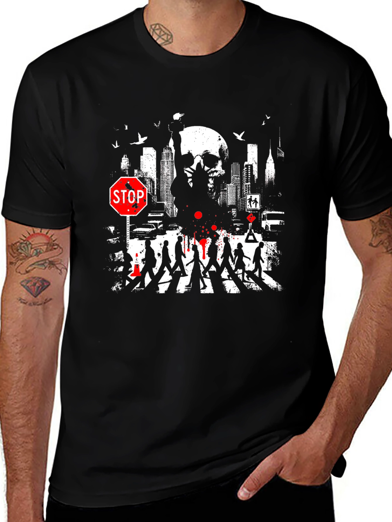 Urban Nightmare Graphic T-Shirt - Skull Cityscape Stop Sign