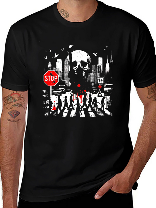 Urban Nightmare Graphic T-Shirt - Skull Cityscape Stop Sign