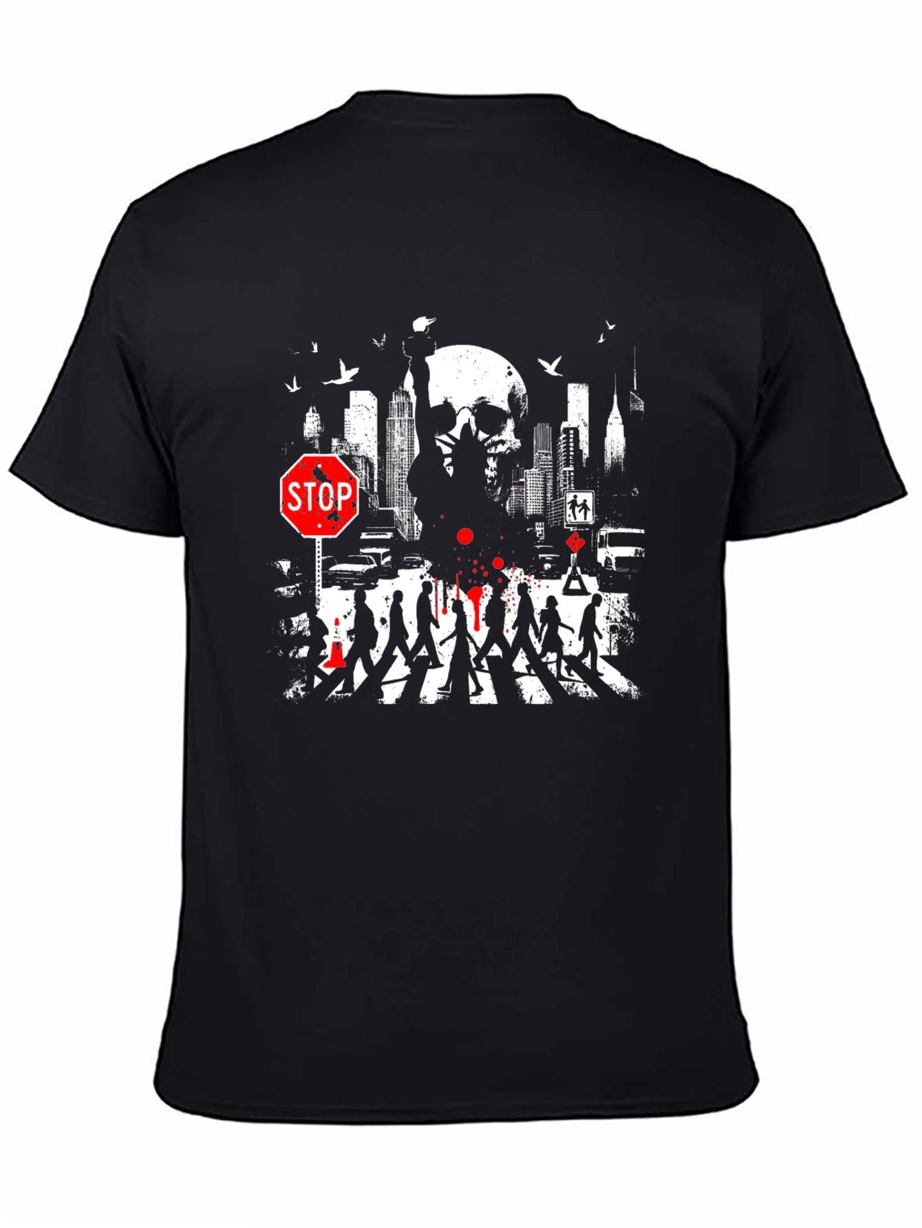 Urban Nightmare Graphic T-Shirt - Skull Cityscape Stop Sign