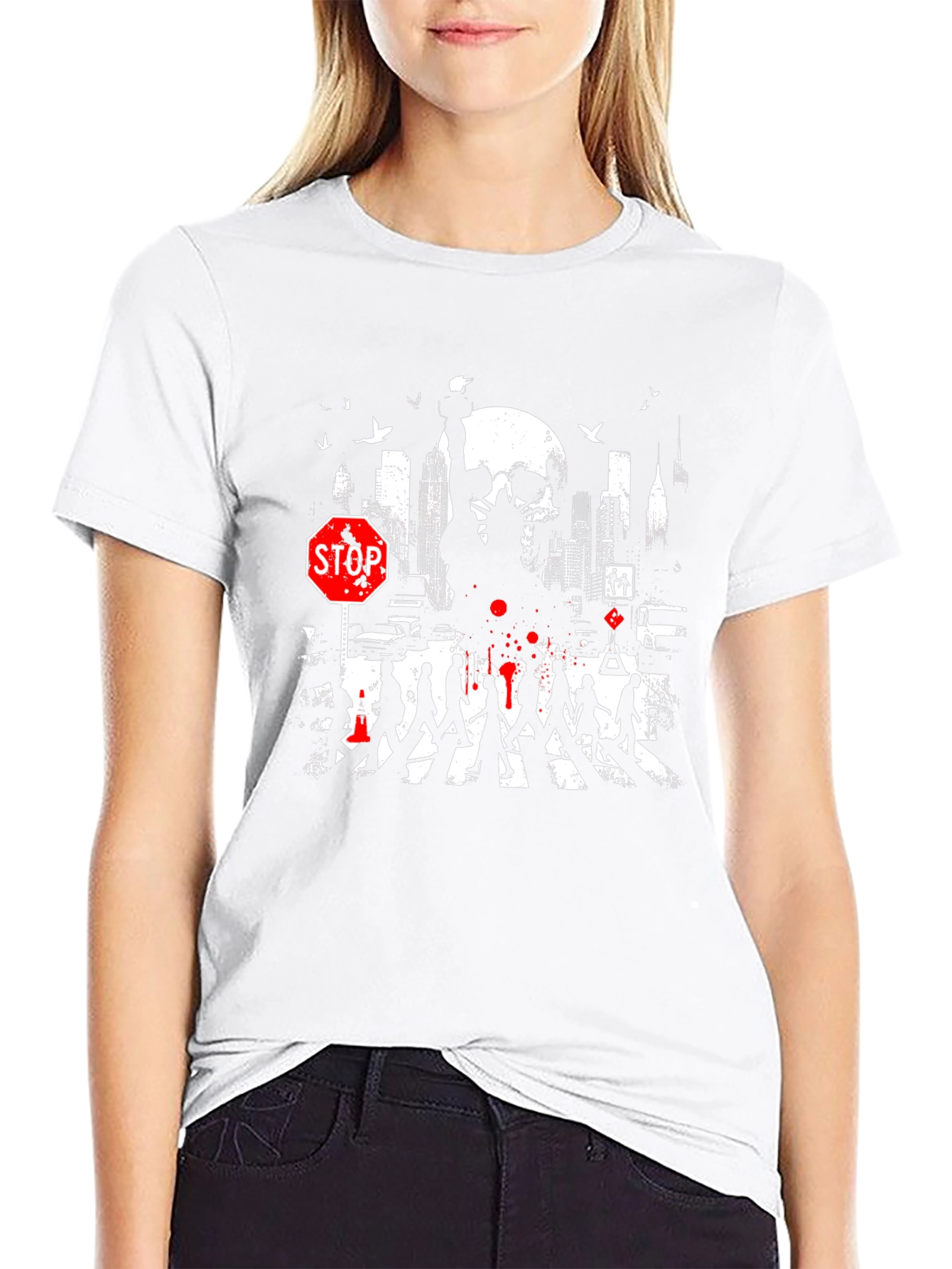 Urban Nightmare Graphic T-Shirt - Skull Cityscape Stop Sign