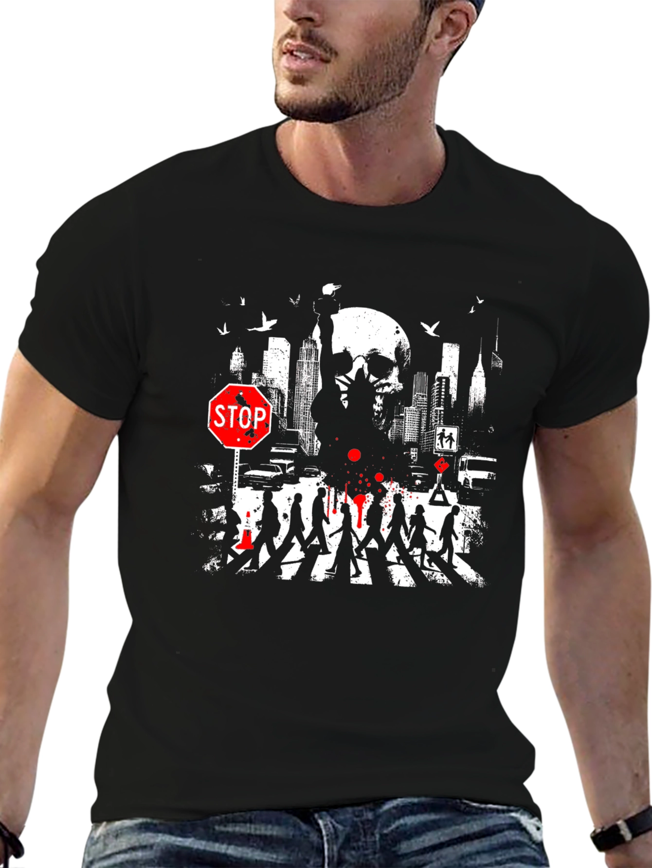 Urban Nightmare Graphic T-Shirt - Skull Cityscape Stop Sign