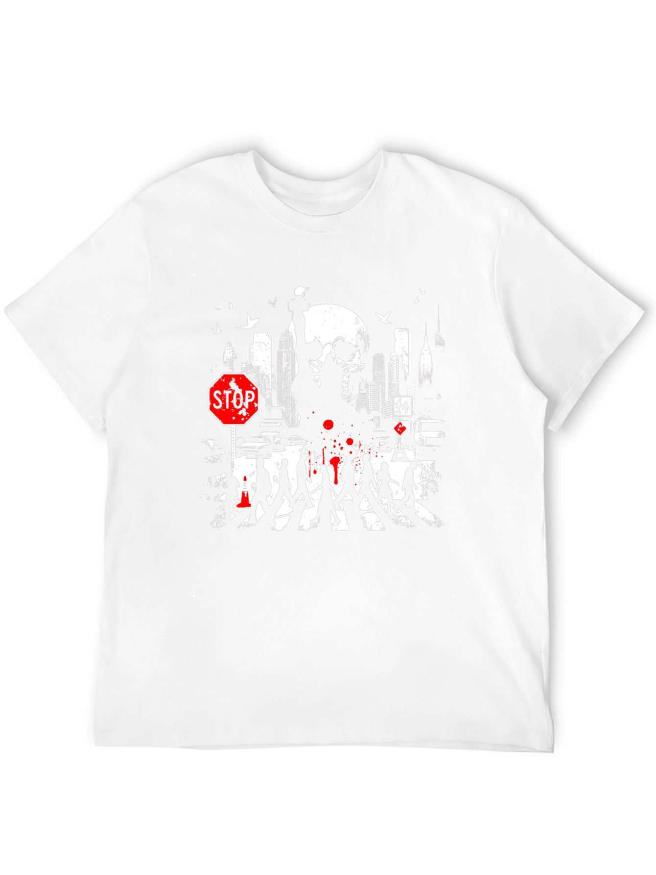 Urban Nightmare Graphic T-Shirt - Skull Cityscape Stop Sign