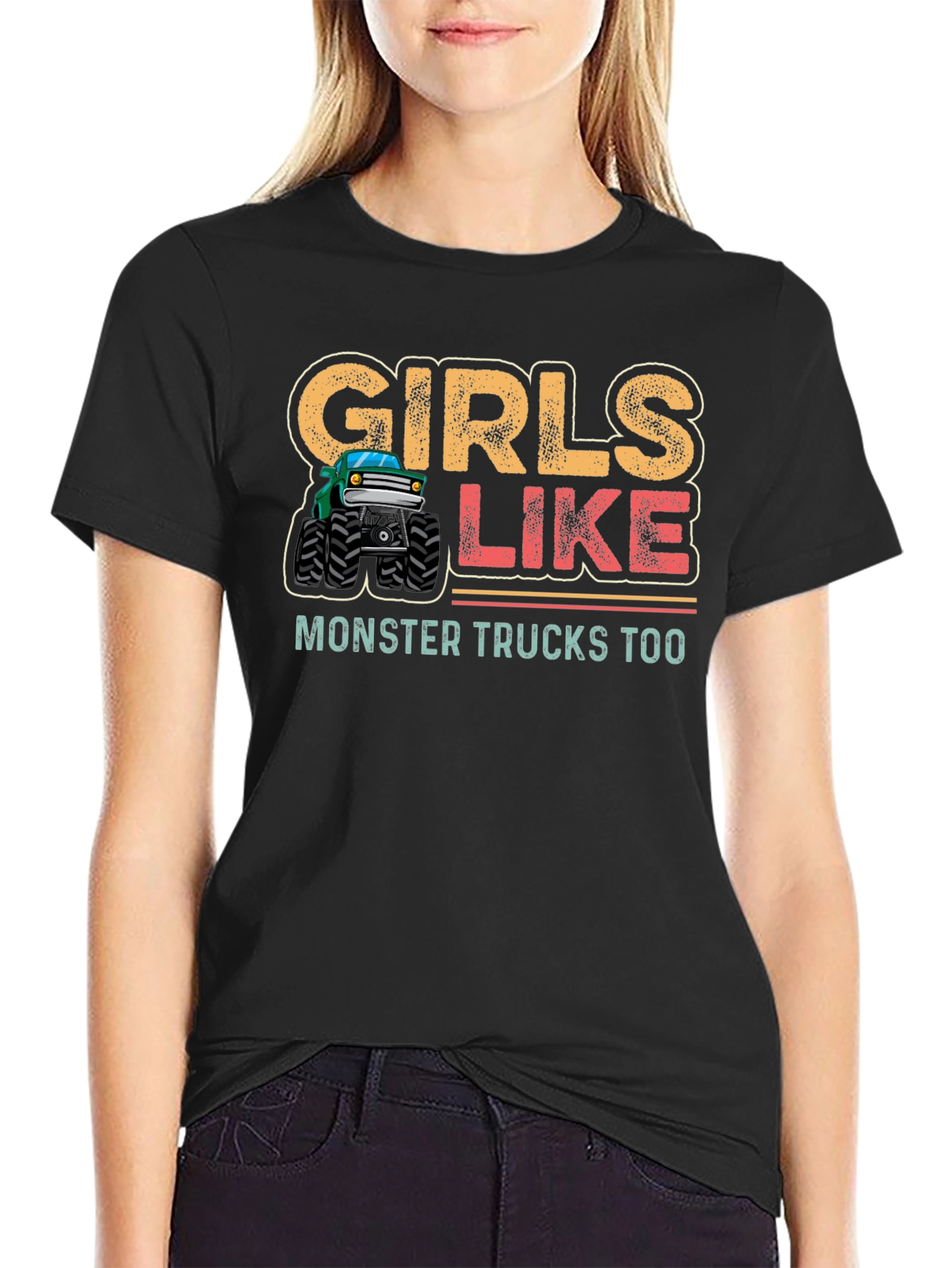 Girls Like Monster Trucks Too Black T-Shirt