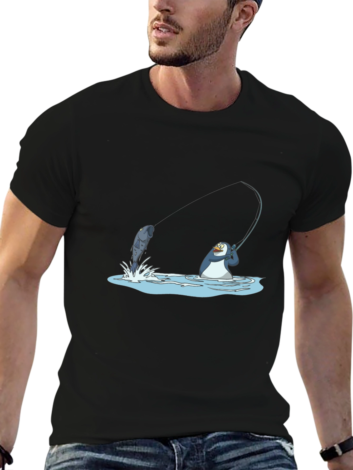 Fishing Penguin Graphic Tee - Black Cotton T-Shirt
