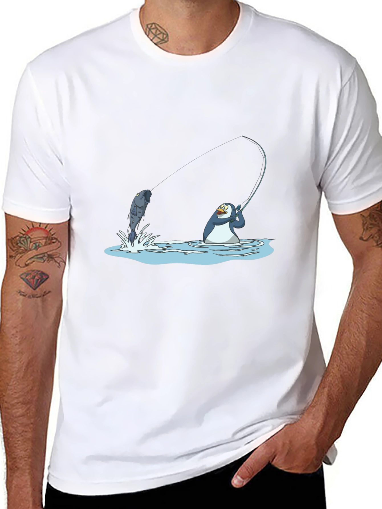 Fishing Penguin Graphic Tee - Black Cotton T-Shirt