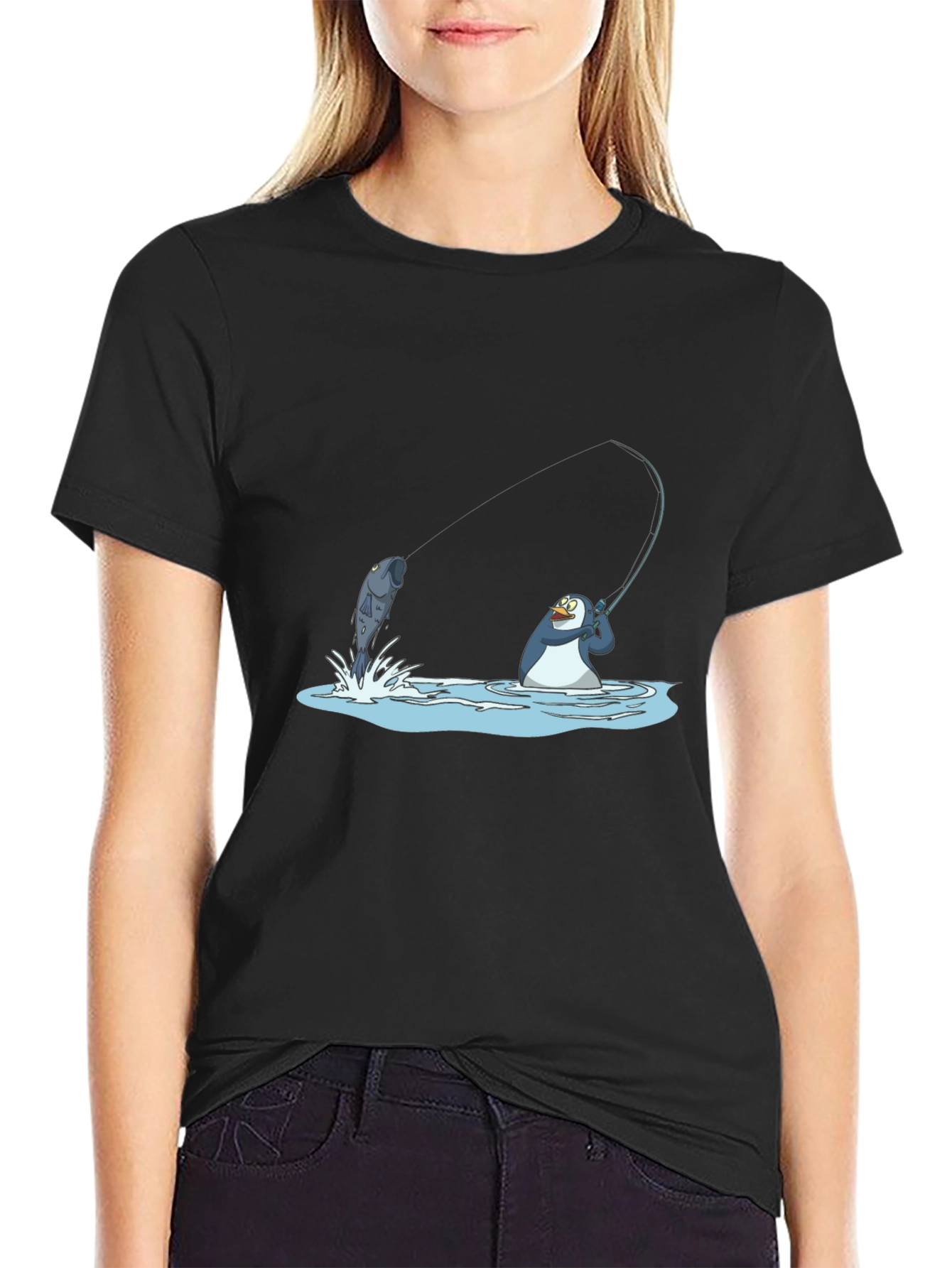 Fishing Penguin Graphic Tee - Black Cotton T-Shirt