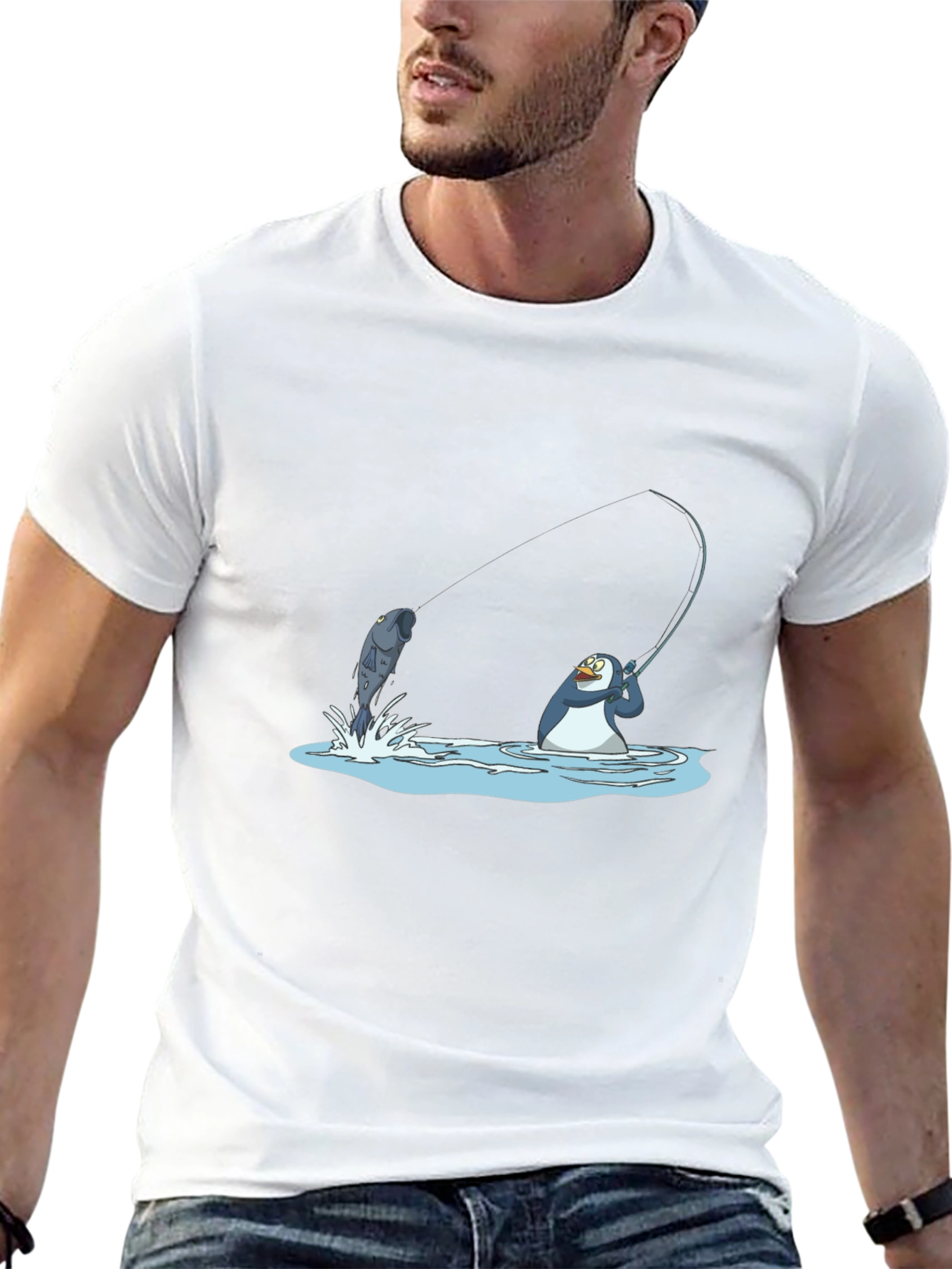 Fishing Penguin Graphic Tee - Black Cotton T-Shirt