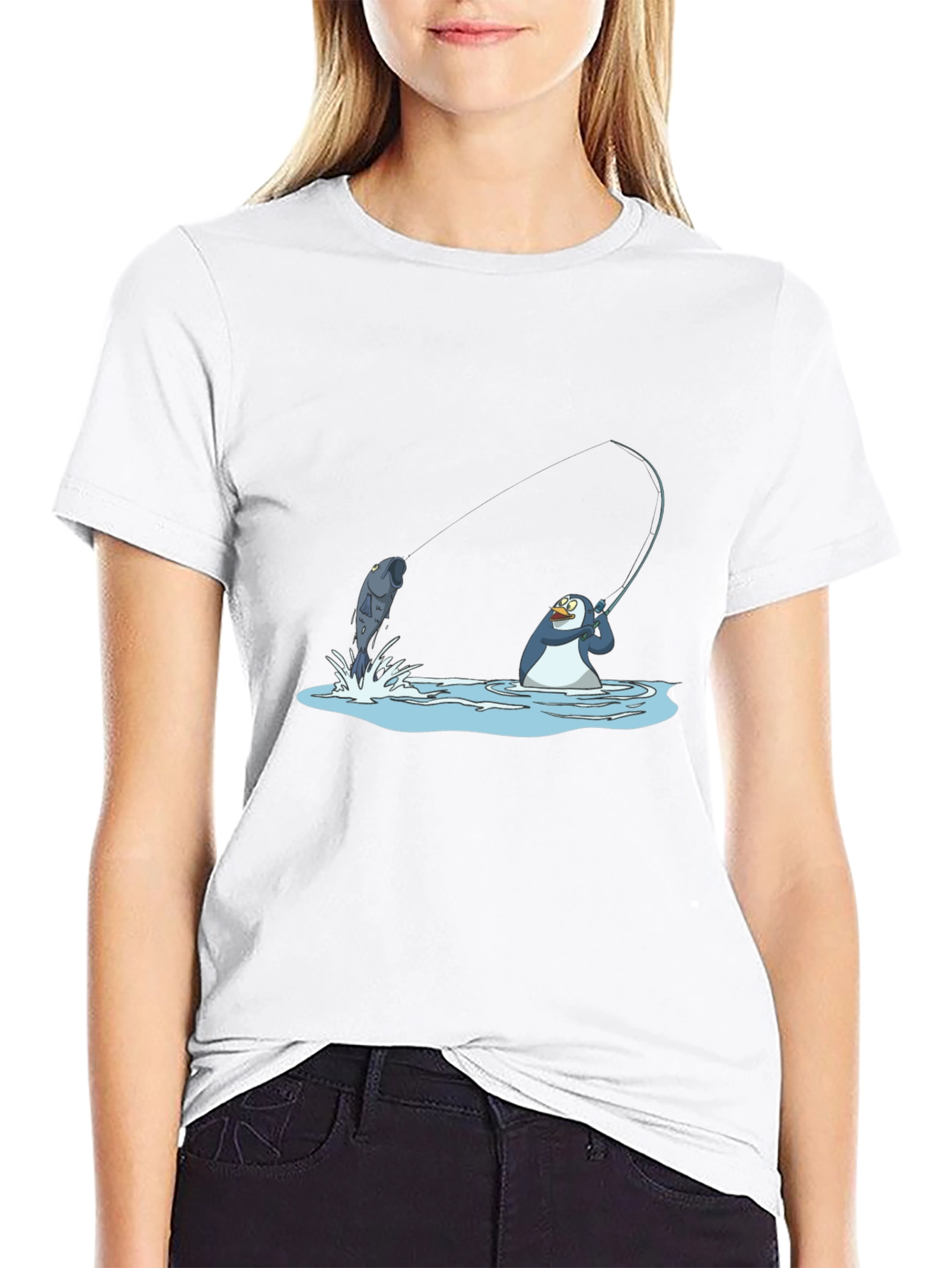 Fishing Penguin Graphic Tee - Black Cotton T-Shirt