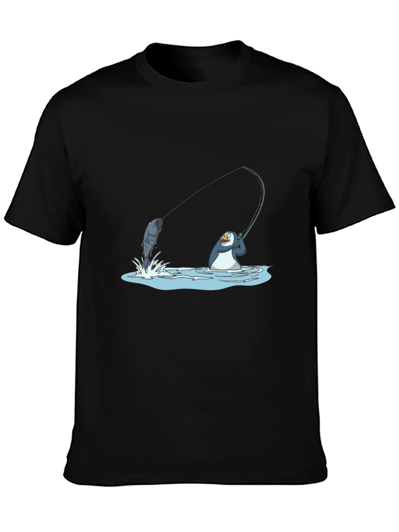 Fishing Penguin Graphic Tee - Black Cotton T-Shirt