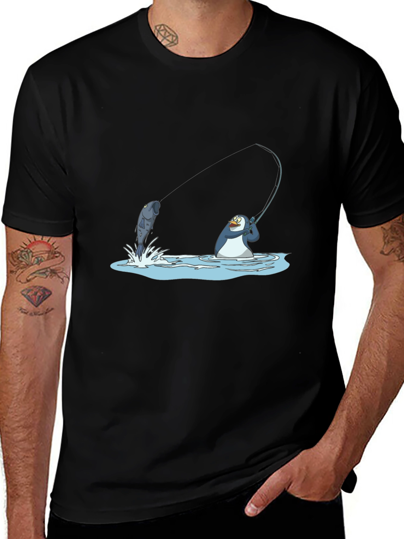 Fishing Penguin Graphic Tee - Black Cotton T-Shirt