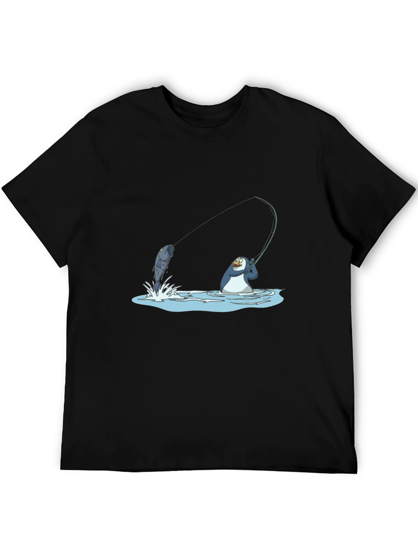 Fishing Penguin Graphic Tee - Black Cotton T-Shirt