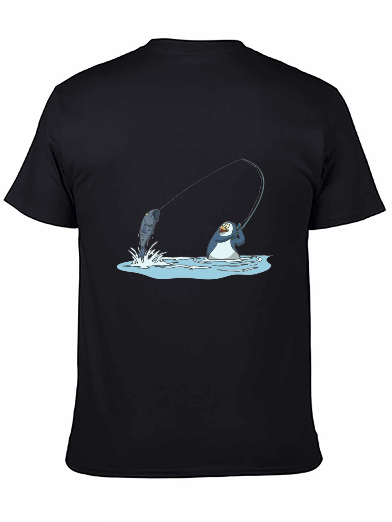 Fishing Penguin Graphic Tee - Black Cotton T-Shirt