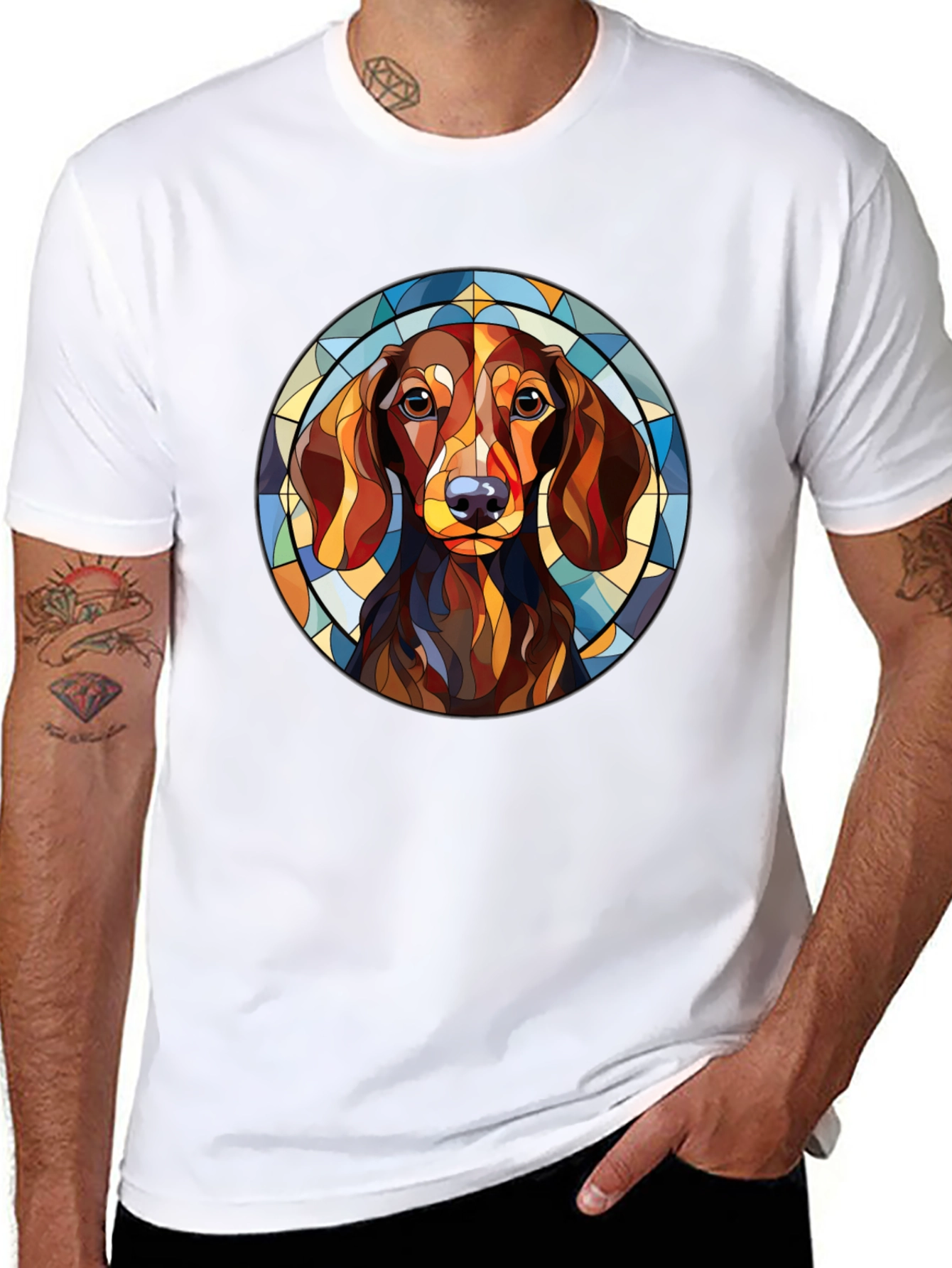 Dachshund Dog Stained Glass Style T-Shirt
