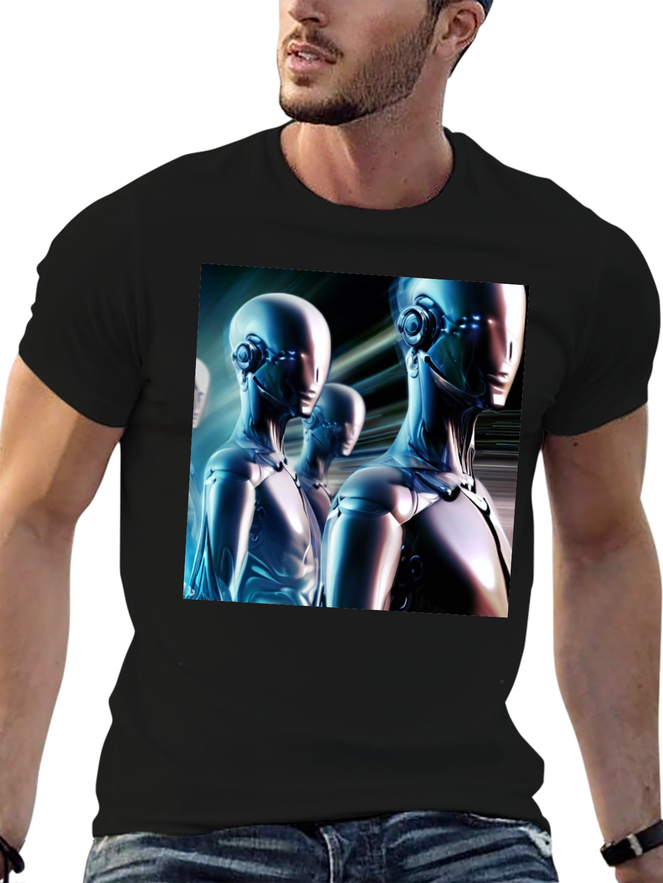 Futuristic Robot Graphic T-Shirt - Black