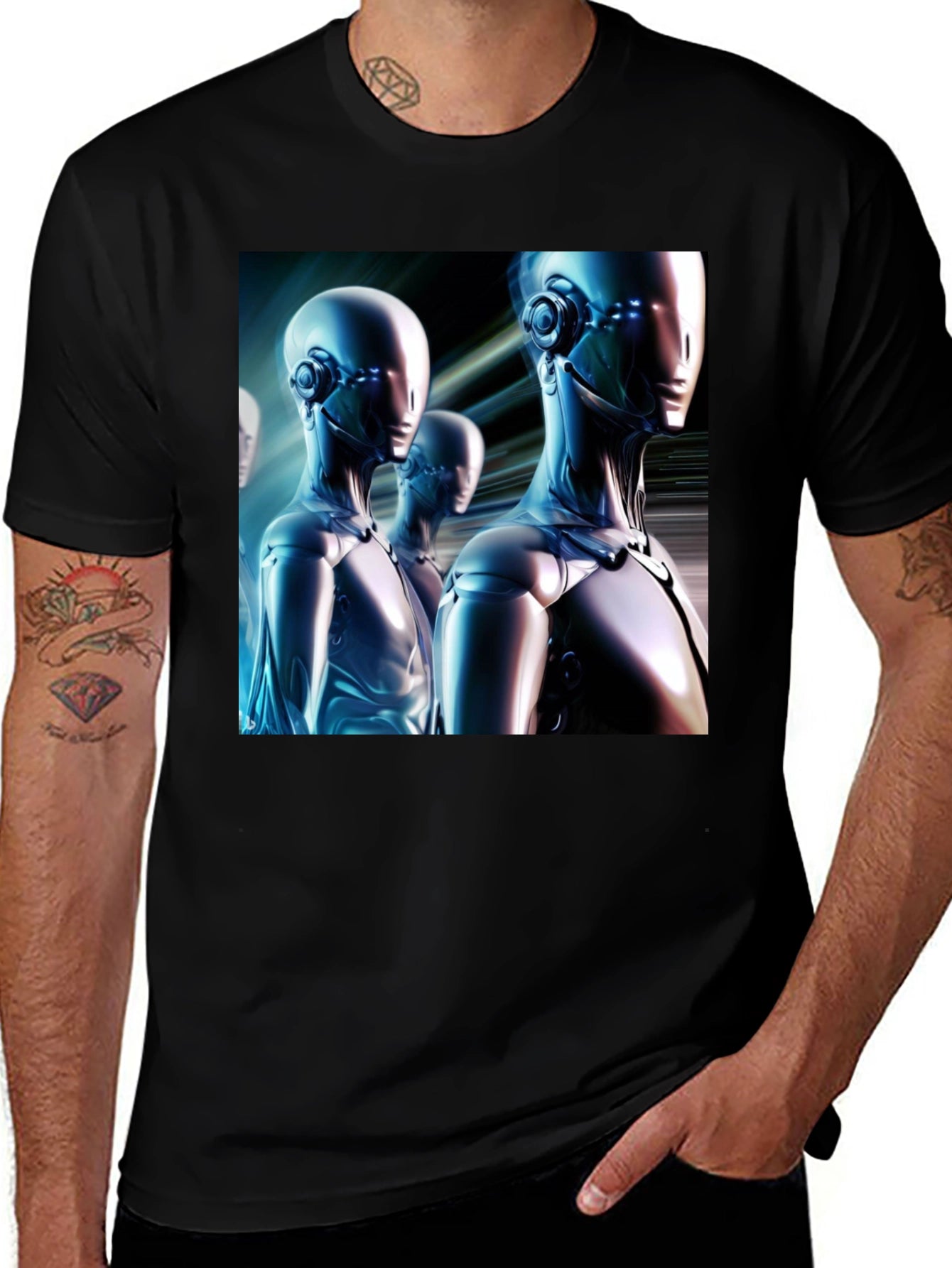 Futuristic Robot Graphic T-Shirt - Black