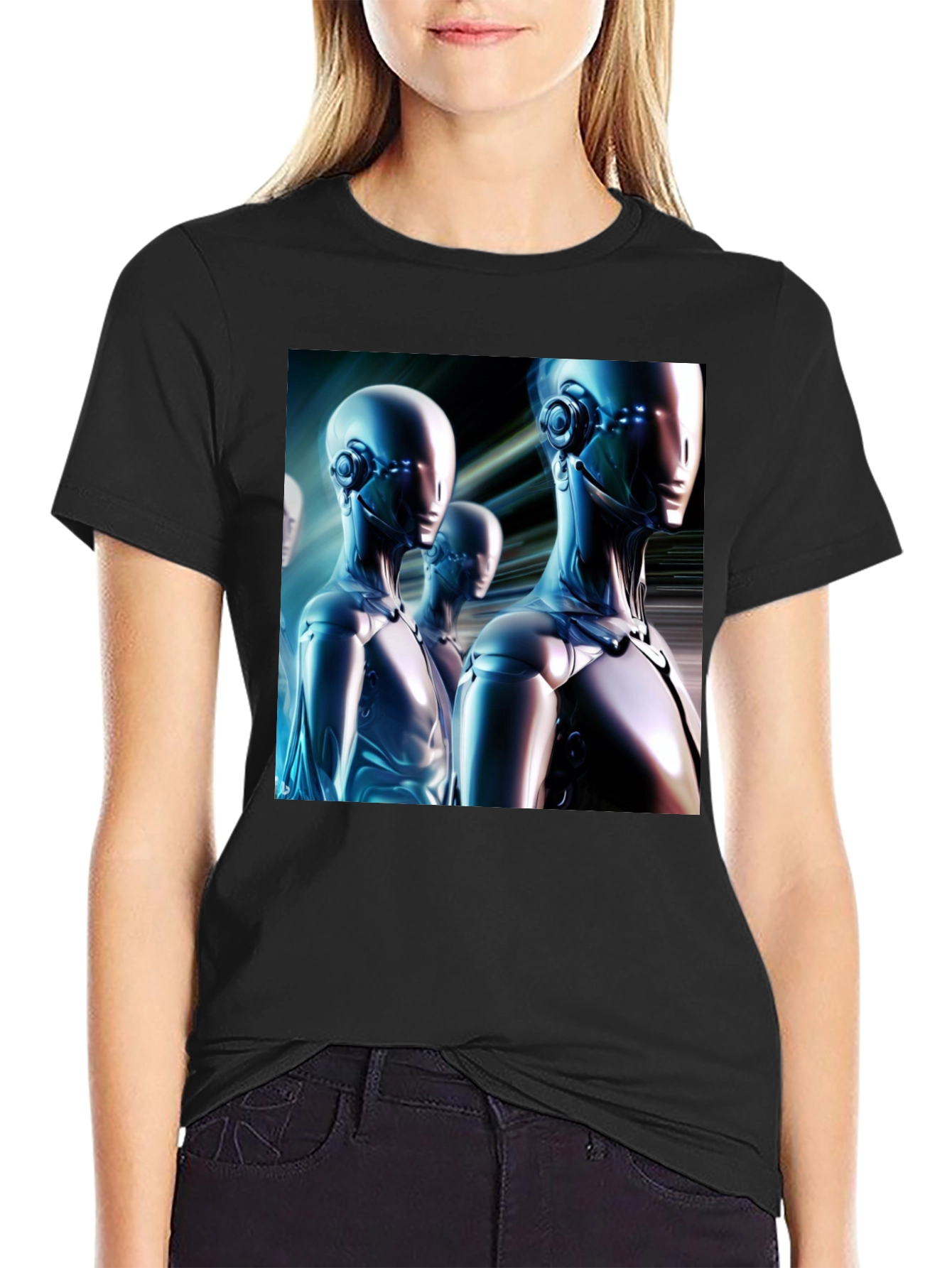 Futuristic Robot Graphic T-Shirt - Black