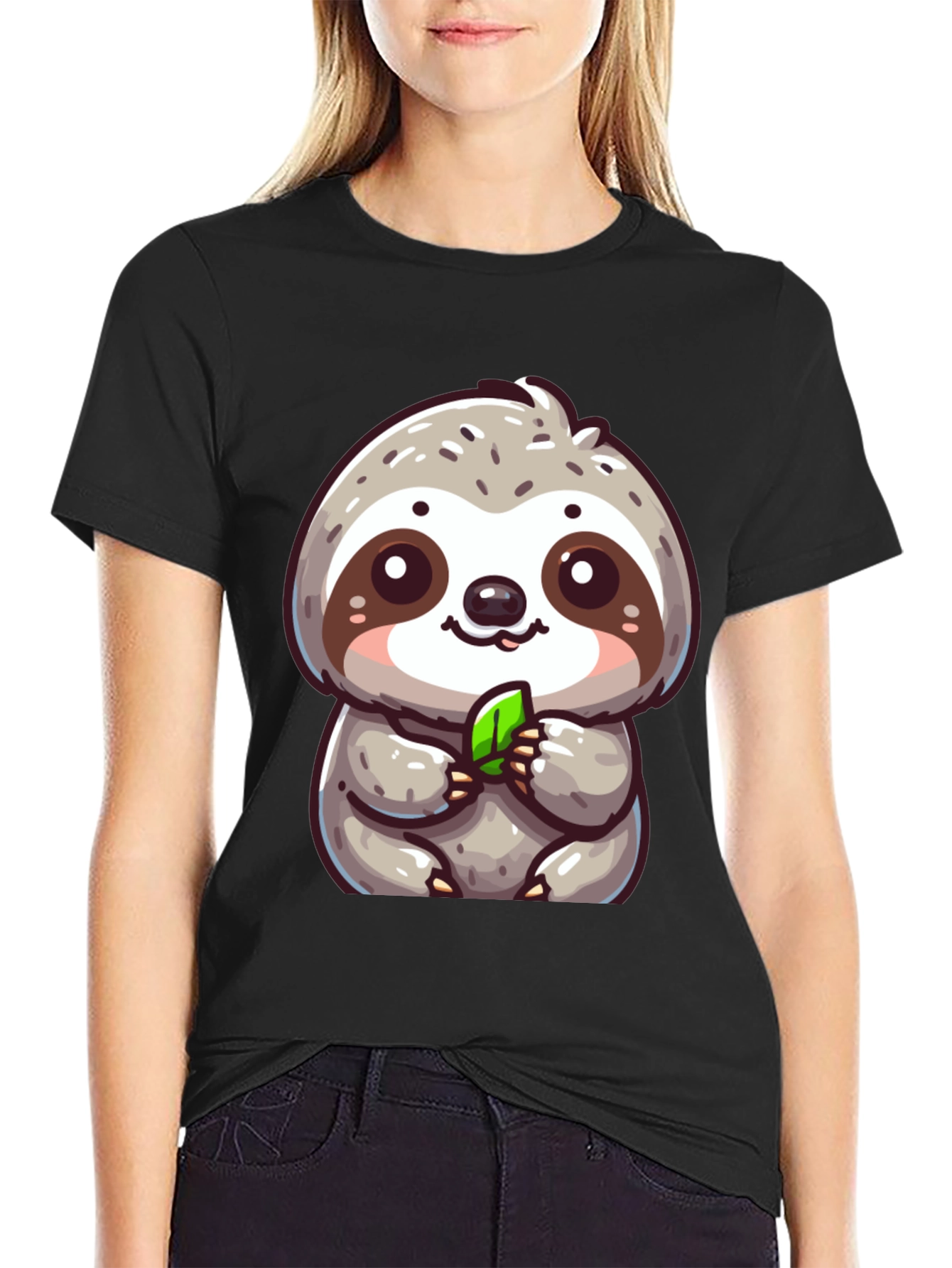 Cute Sloth Graphic Tee - Black Cotton Blend