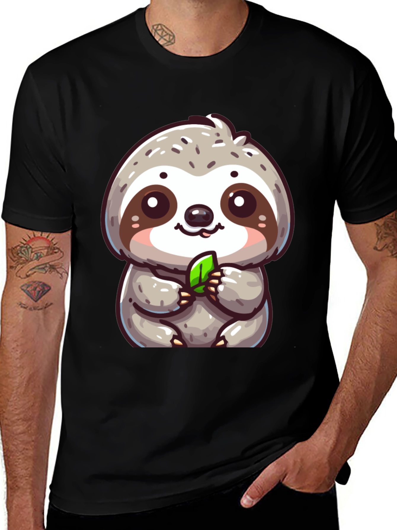 Cute Sloth Graphic Tee - Black Cotton Blend