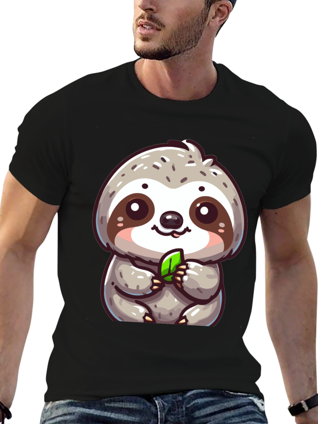 Cute Sloth Graphic Tee - Black Cotton Blend