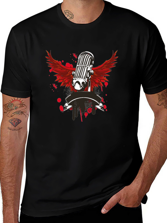 Vintage Microphone Wings Graphic Black T-Shirt