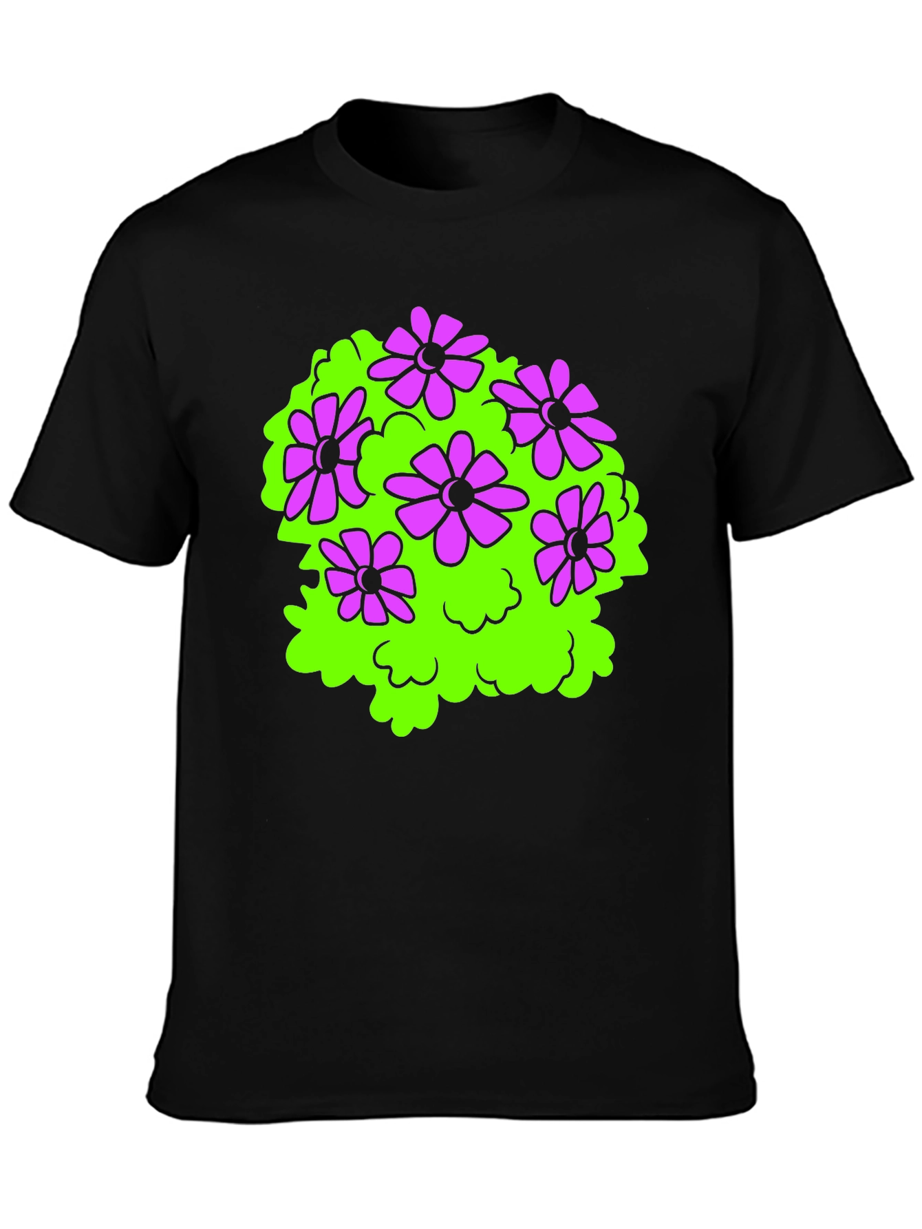 Black T-Shirt with Floral Bush Design
