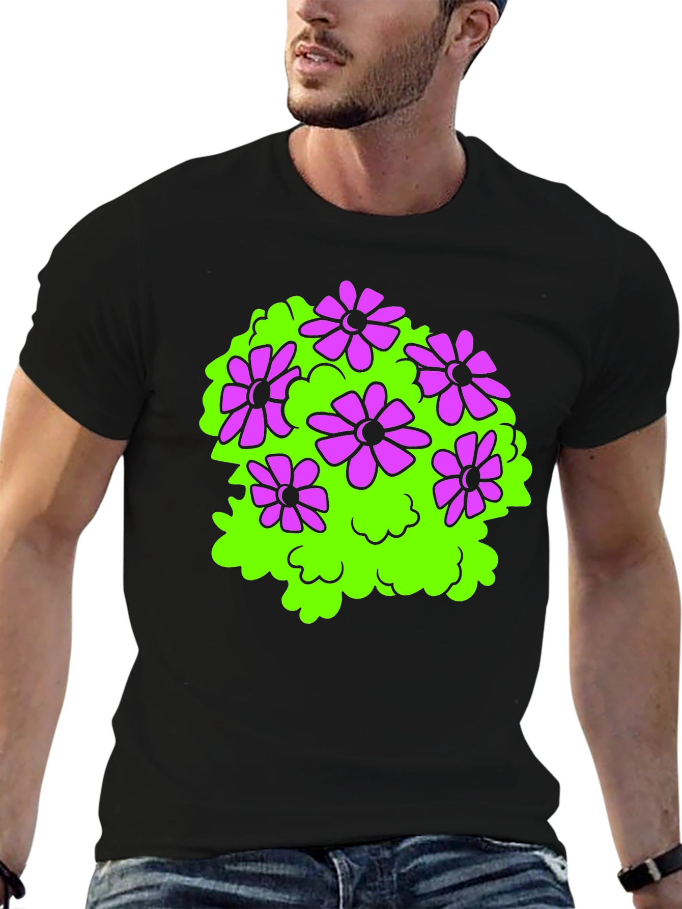 Black T-Shirt with Floral Bush Design