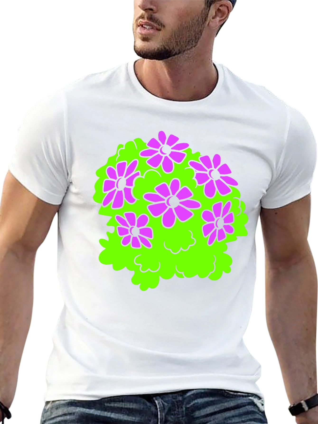 Black T-Shirt with Floral Bush Design